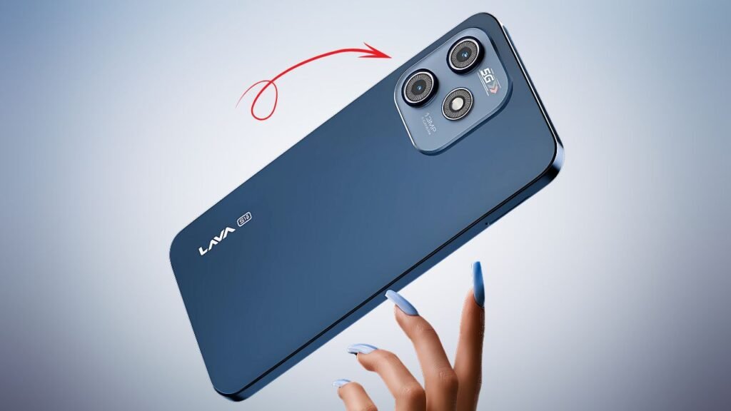 Lava Bold N1 5G smartphone in matte blue, held in hand with long blue nails, showcasing the triple-lens rear camera and sleek back design on a dark background.