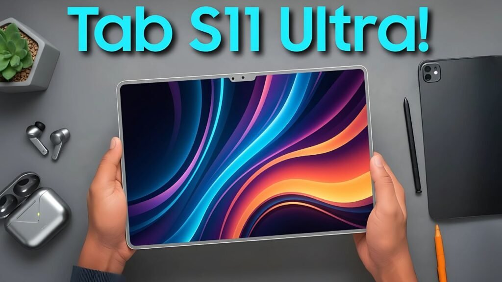 Hands holding Samsung Galaxy Tab S11 Ultra with vibrant AMOLED display, slim bezels, S Pen, and modern desk accessories